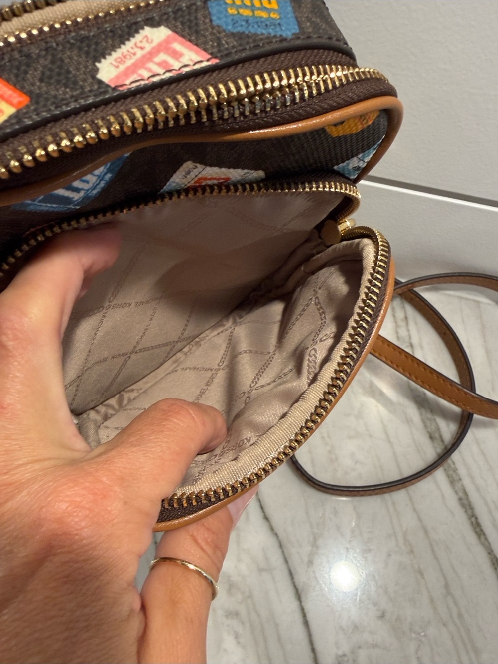 Michael Kors Brown Logo Crossbody with Multicolor Tag Print - Picture 10 of 10